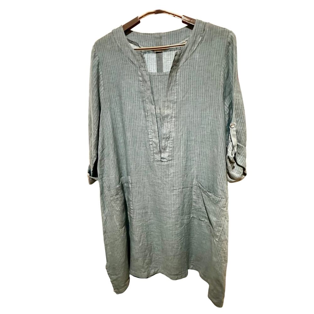 Le Paris Petite Linen Striped Denim BlueTunic Oversized Lagenlook Size LG